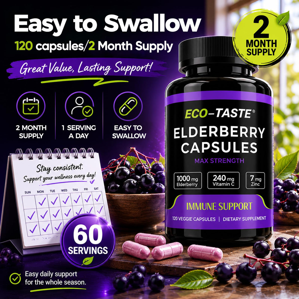 Flacon de 120 capsules de Sureau Noir ECO-TASTE avec dimensions visibles