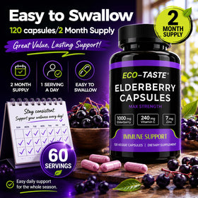 Flacon de 120 capsules de Sureau Noir ECO-TASTE avec dimensions visibles