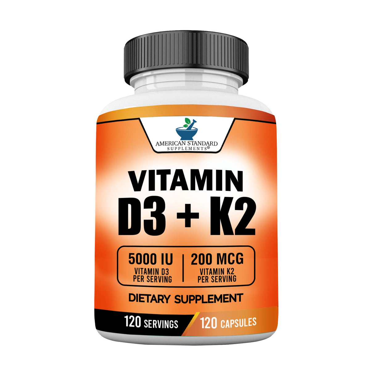 Flacon de 120 capsules de Vitamine D3 5000 UI et K2 200mcg American Standard Supplements