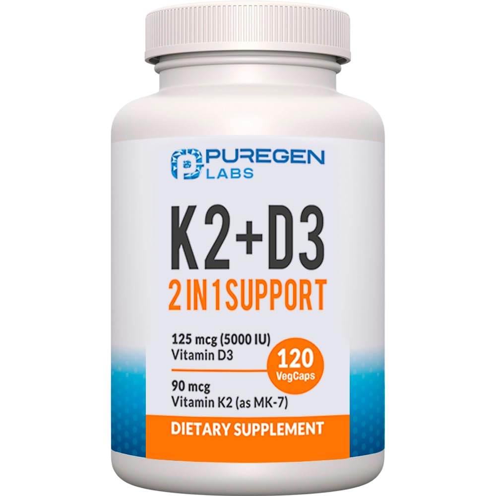 Flacon de 120 capsules de vitamine K2 MK7 et D3 5000 UI P Puregen Labs