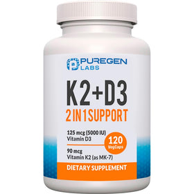 Flacon de 120 capsules de vitamine K2 MK7 et D3 5000 UI P Puregen Labs