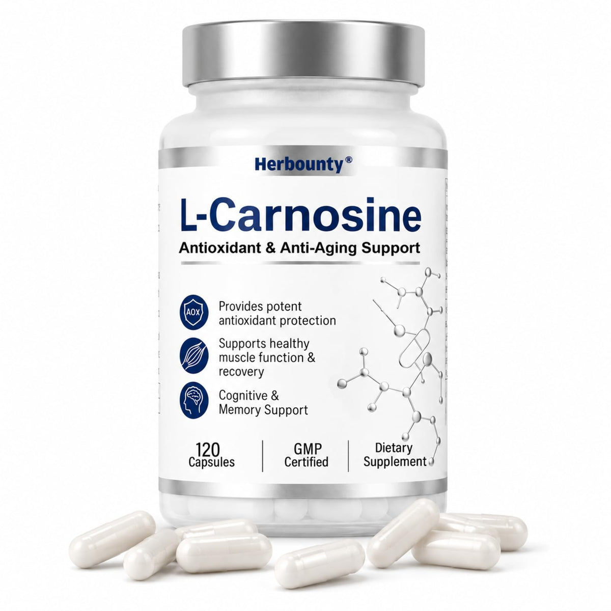 Flacon de 120 capsules Herbounty L-Carnosine 500mg vue de face