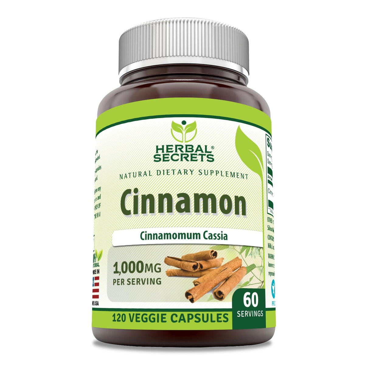 Flacon de 120 capsules végétales Herbal Secrets Cannelle 1000 mg