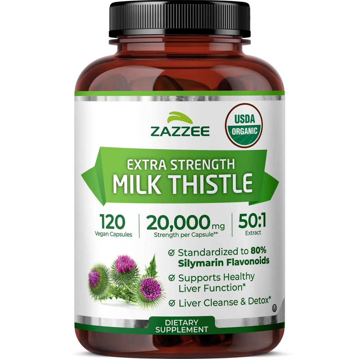 Flacon de 120 capsules végétales Zazzee Extrait de Chardon-Marie Bio 50:1