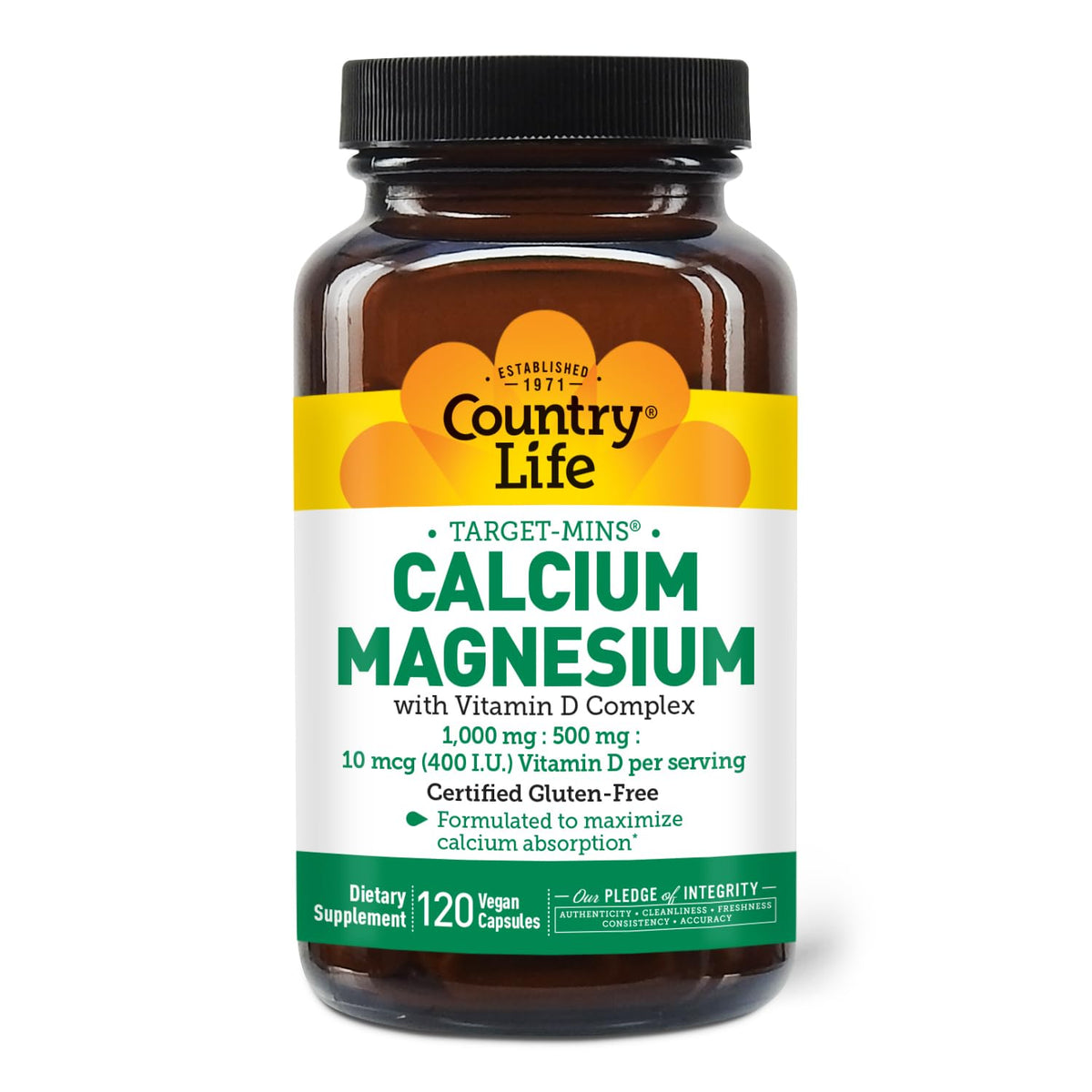Flacon de 120 capsules végétaliennes de Calcium Magnésium Vitamine D Country Life