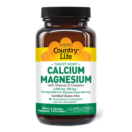 Flacon de 120 capsules végétaliennes de Calcium Magnésium Vitamine D Country Life