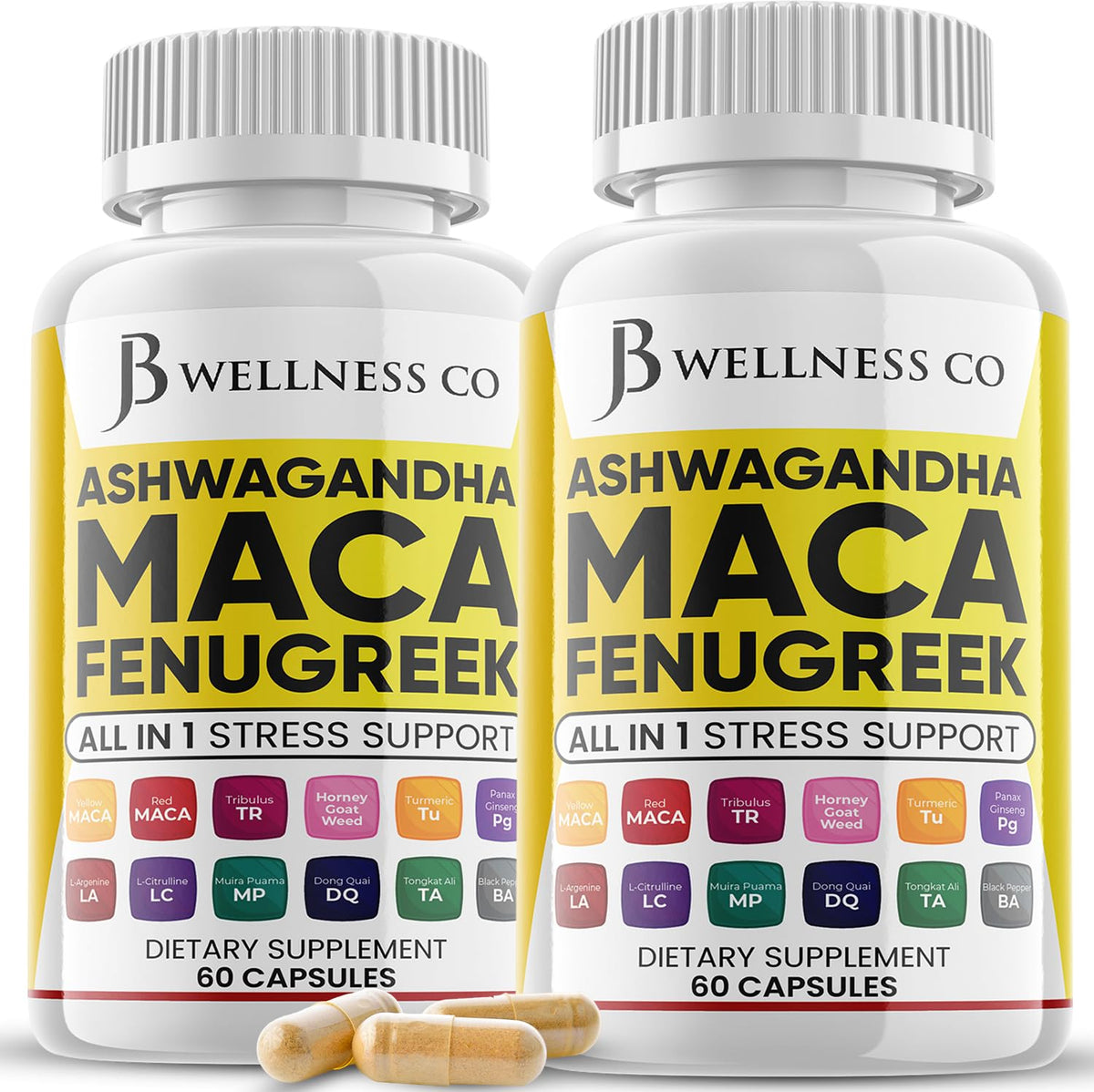 Flacon de 120 gélules Ashwagandha Maca Fenugrec JB Wellness Co