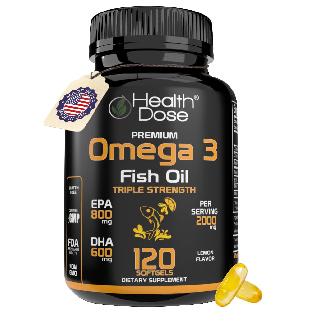 Flacon de 120 gélules d'huile de poisson Omega 3 Health Dose au goût citron