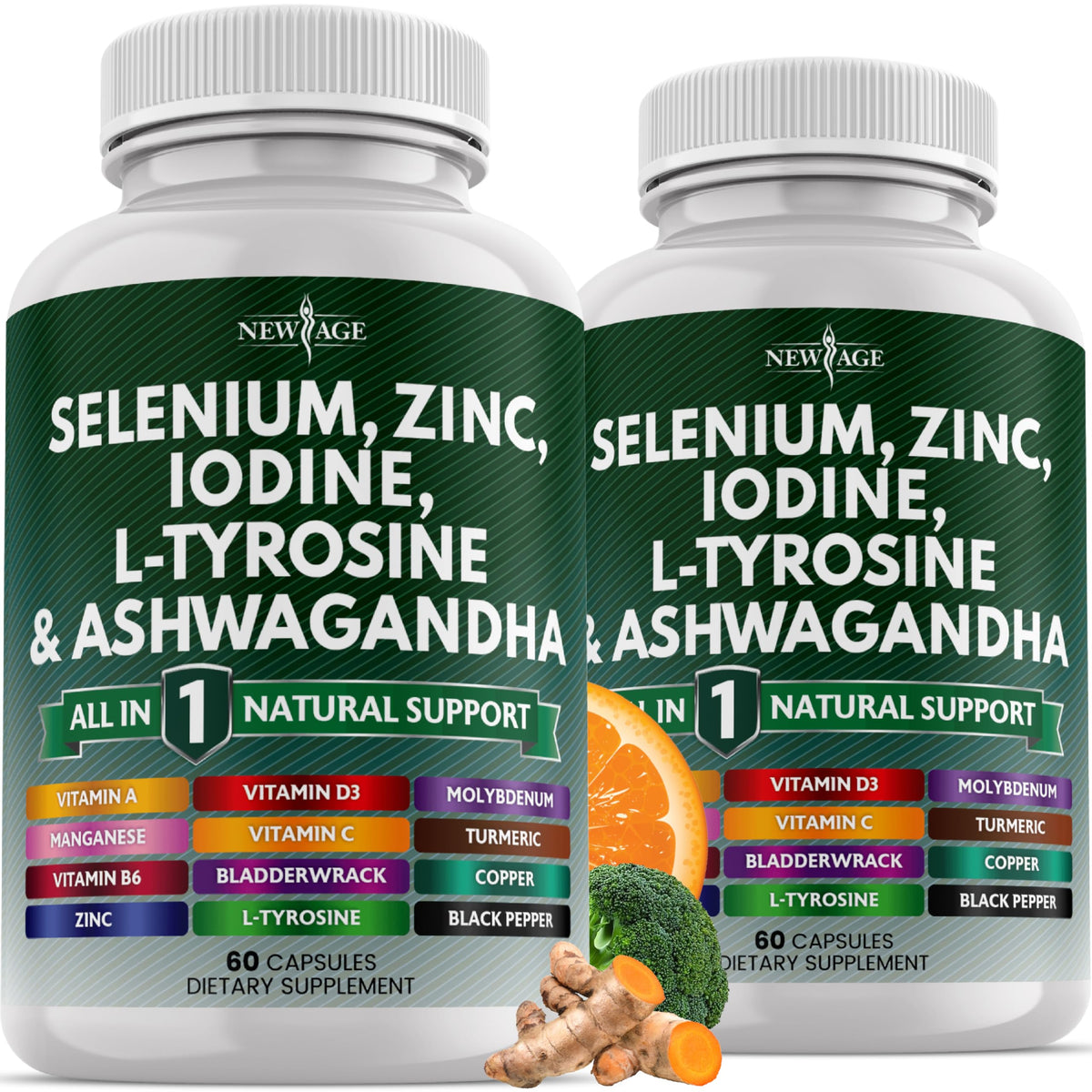 Flacon de 120 gélules de NEW AGE Sélénium, Zinc, Iode, Ashwagandha devant un fond neutre