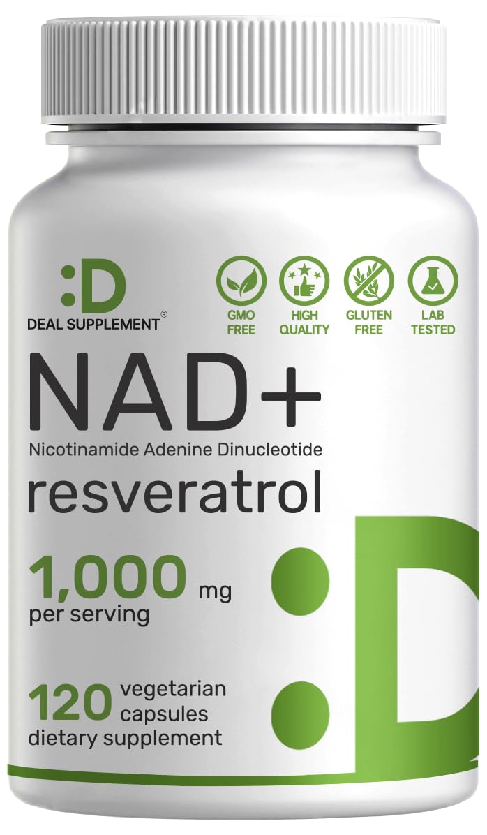 Flacon de 120 gélules végétales de complément NAD+ Resvératrol 1 000 mg