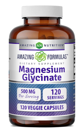 Flacon de 120 gélules végétales de Magnésium Glycinate 500 Mg par Amazing Nutrition