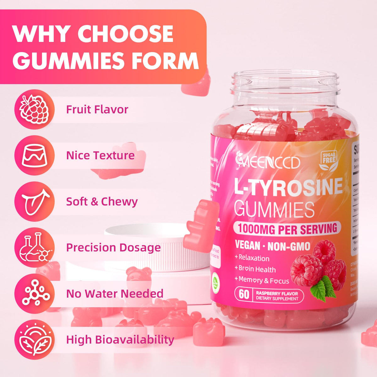 Flacon de 120 gummies L-Tyrosine 1000mg MEENCCD de côté