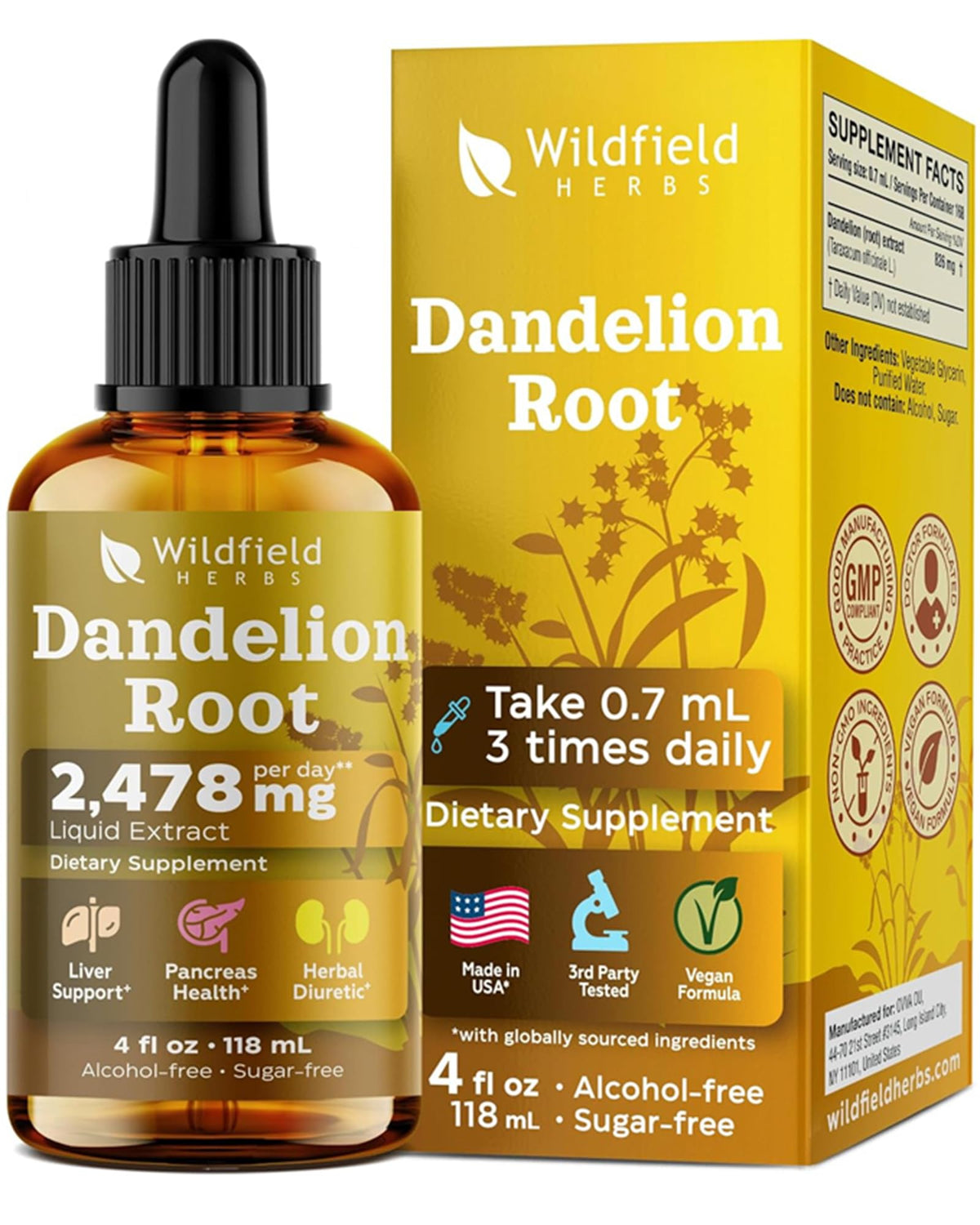 Flacon de 120 ml d'extrait de racine de pissenlit WILDFIELD HERBS