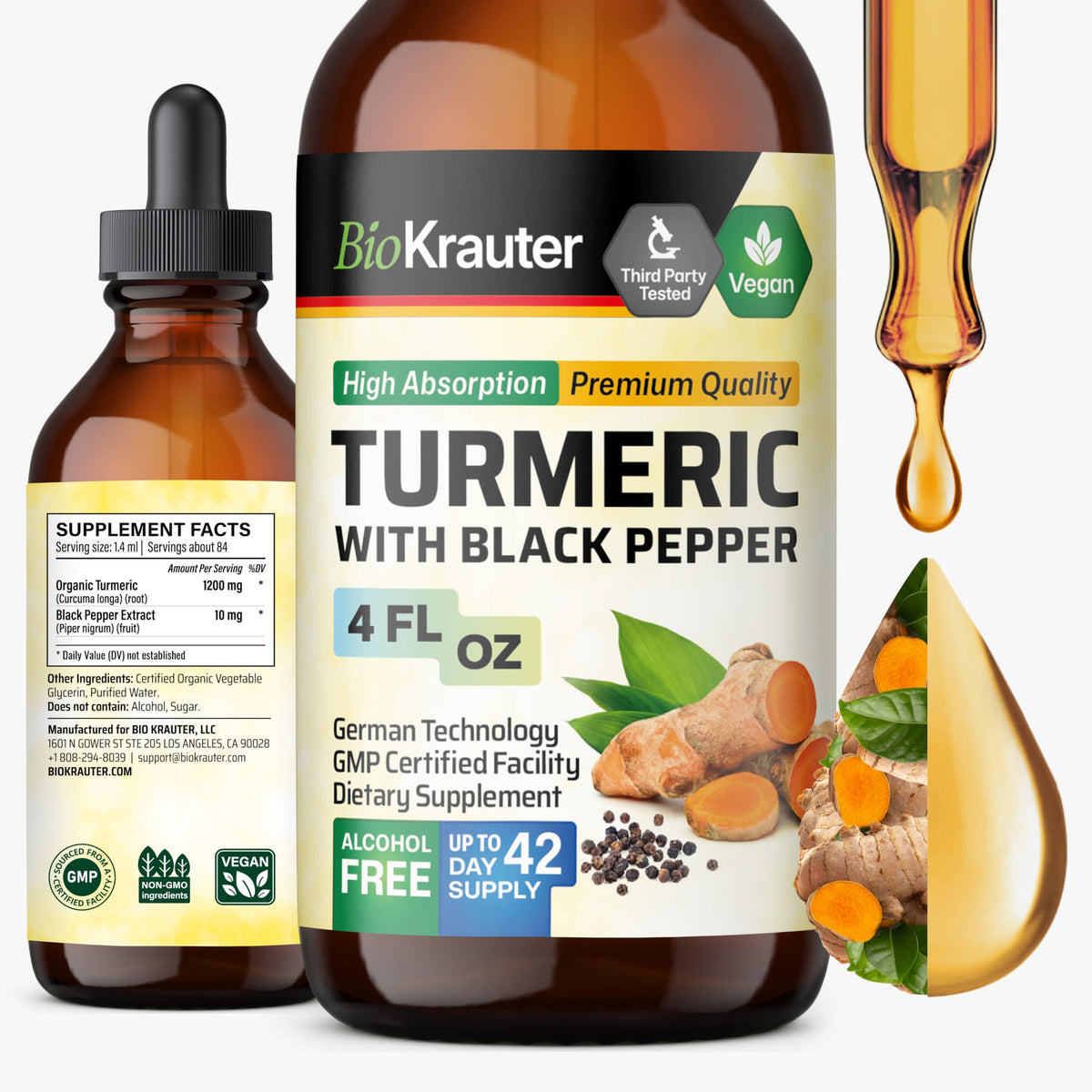 Flacon de 120 ml de complément alimentaire BIO KRAUTER Curcuma avec étiquette