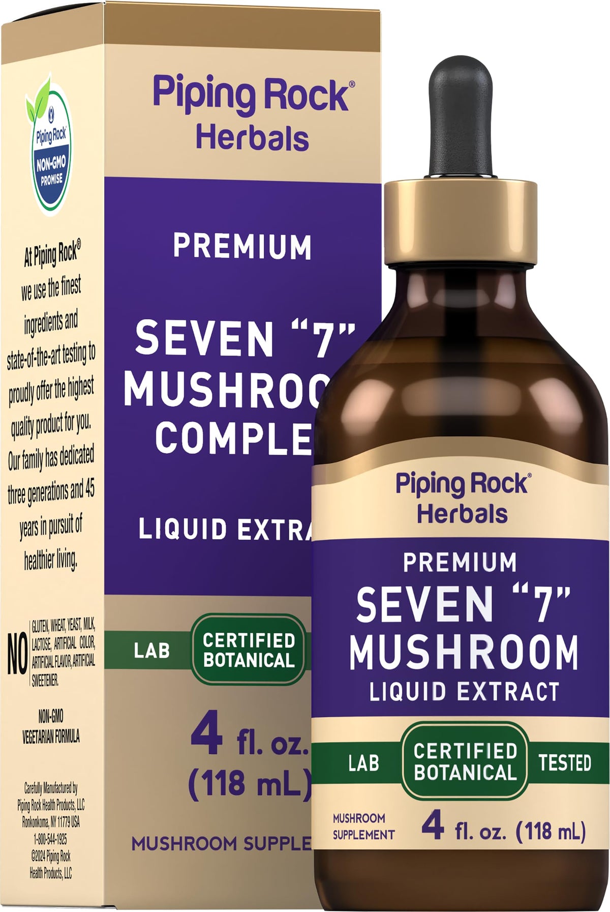 Flacon de 120 ml de Complexe de Champignons Liquide Piping Rock vue de face