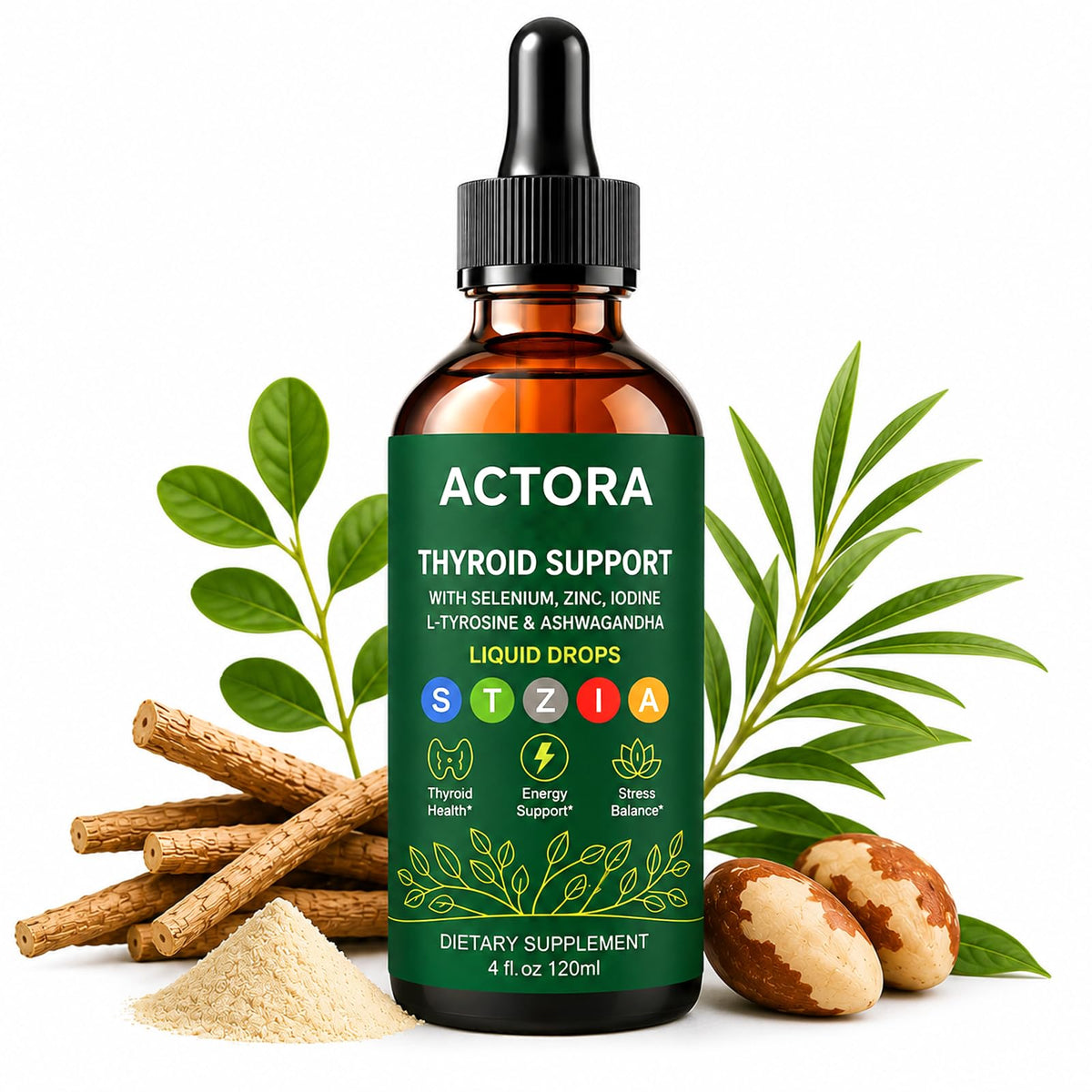 Flacon de 120 ml de Gouttes de Soutien Thyroïdien Hswera avec étiquette visible