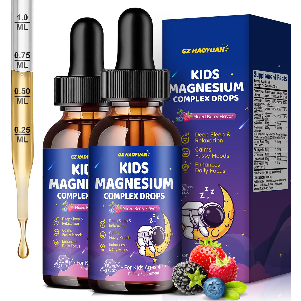 Flacon de 120 ml de GZ HAOYUAN Complément Alimentaire Magnésium 4 en 1 pour Enfants