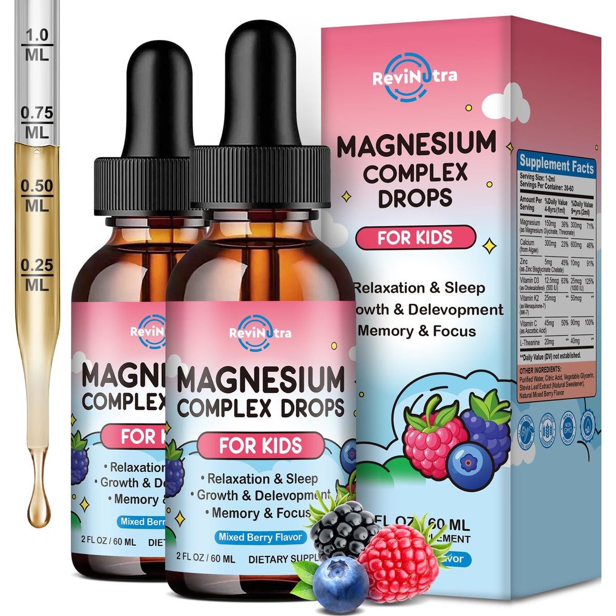 Flacon de 120 ml de magnésium glycinate liquide ReviNutra, goût fruits rouges