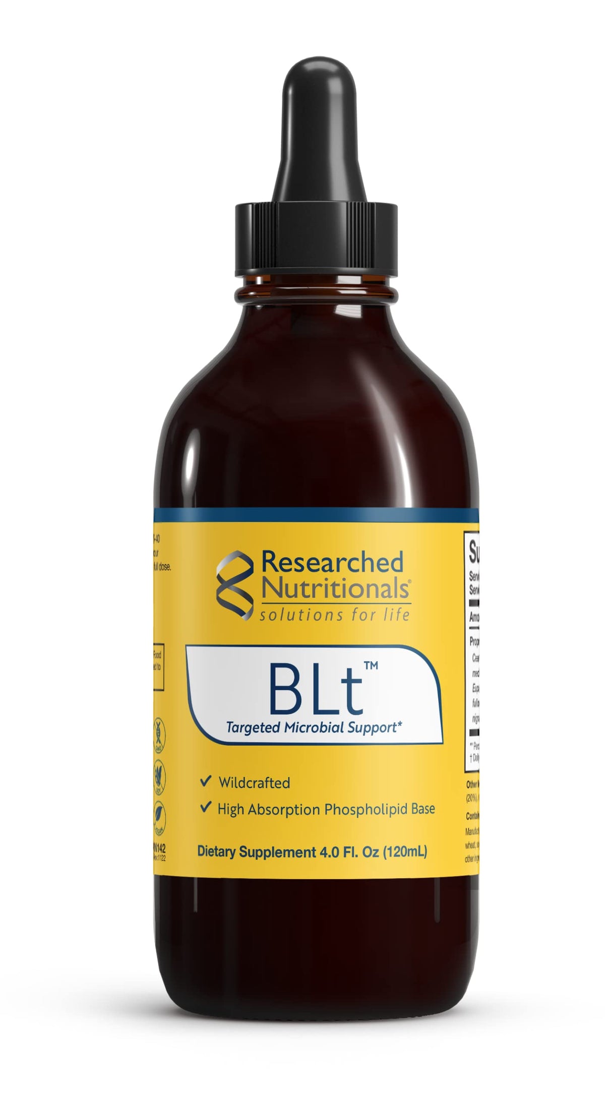 Flacon de 120 ml de Researched Nutritionals BLT avec étiquette visible