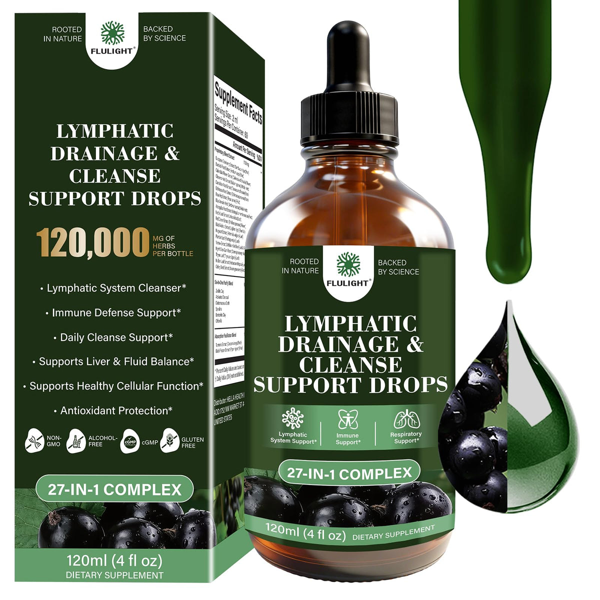 Flacon de 120 ml des gouttes Flulight pour drainage lymphatique