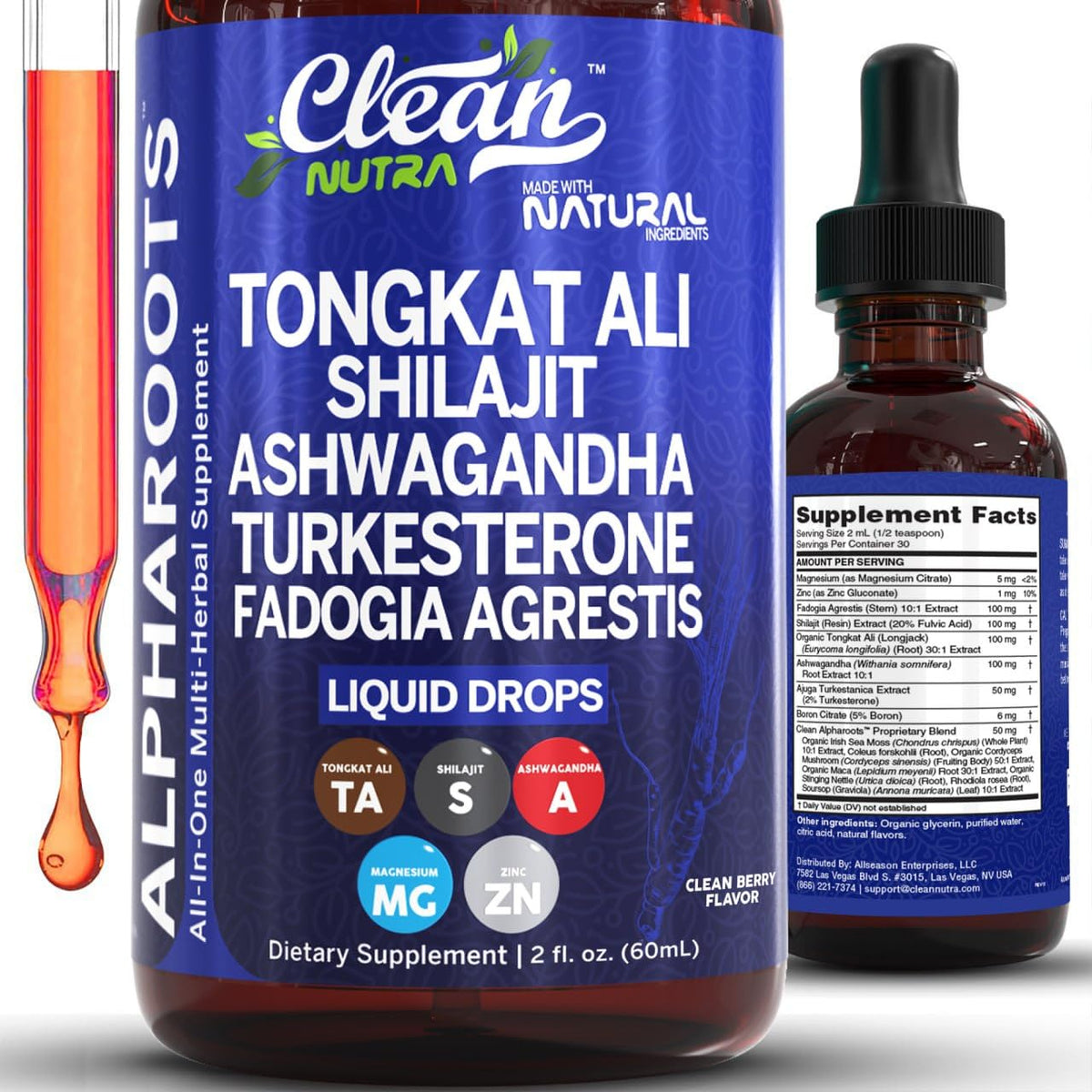 Flacon de 132g de complément alimentaire liquide Tongkat Ali de Clean Nutraceuticals