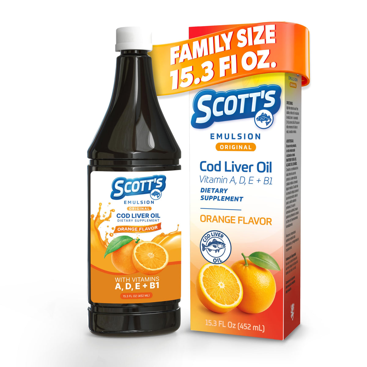 Flacon de 15,3 fl oz d'huile de foie de morue SCOTT'S EMULSION orange