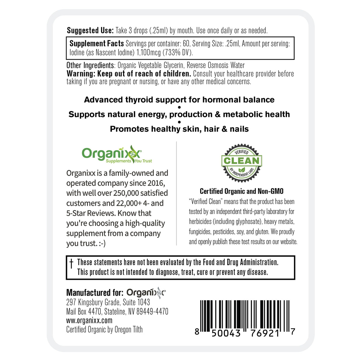 Flacon de 15 ml de gouttes d'iode nascent bio Organixx