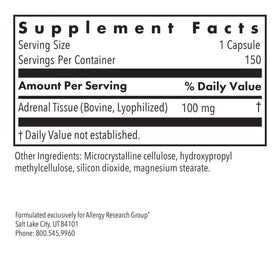 Flacon de 150 capsules Allergy Research Group Adrenal Cortex, étiquette visible