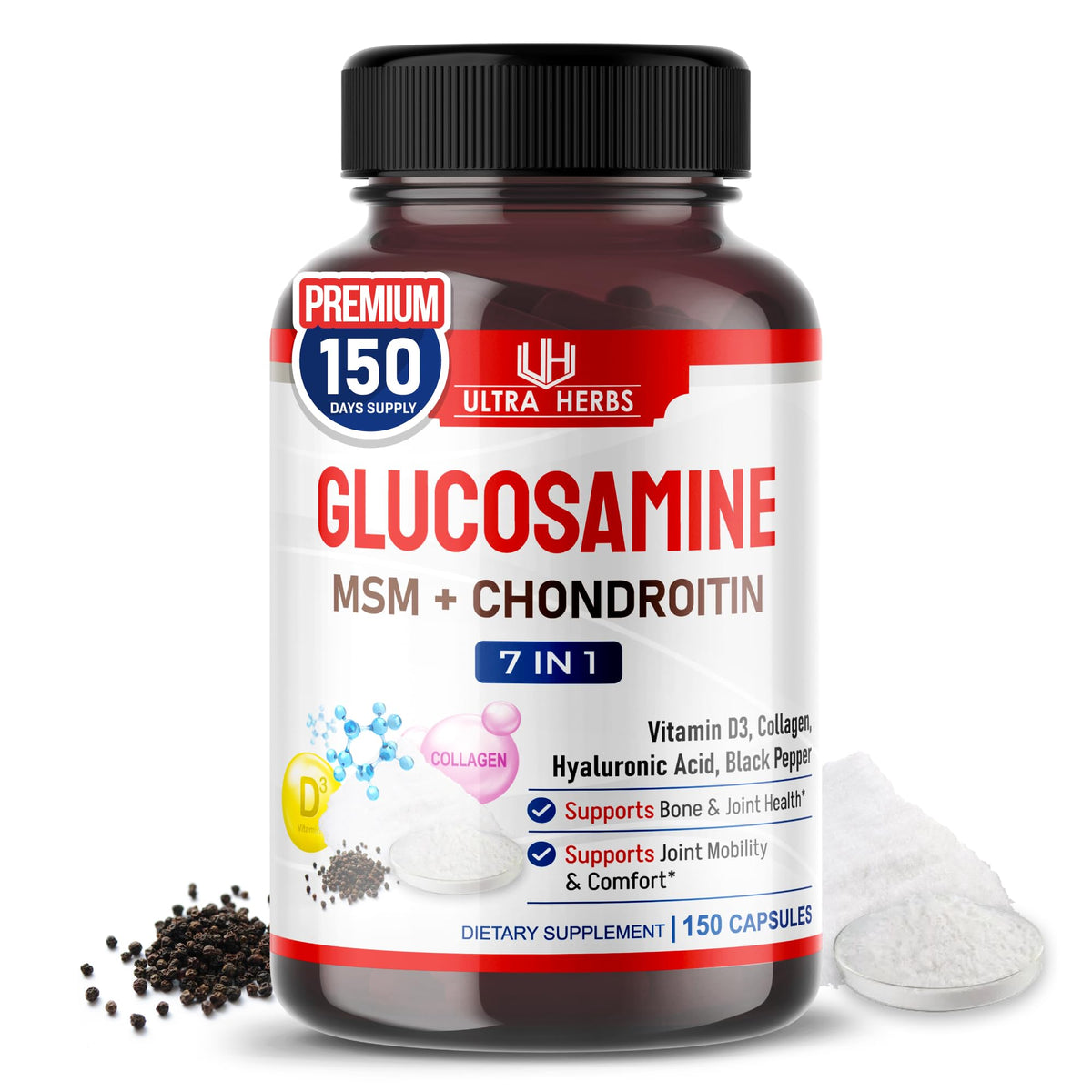 Flacon de 150 capsules de Glucosamine Chondroitin MSM ULTRA HERBS