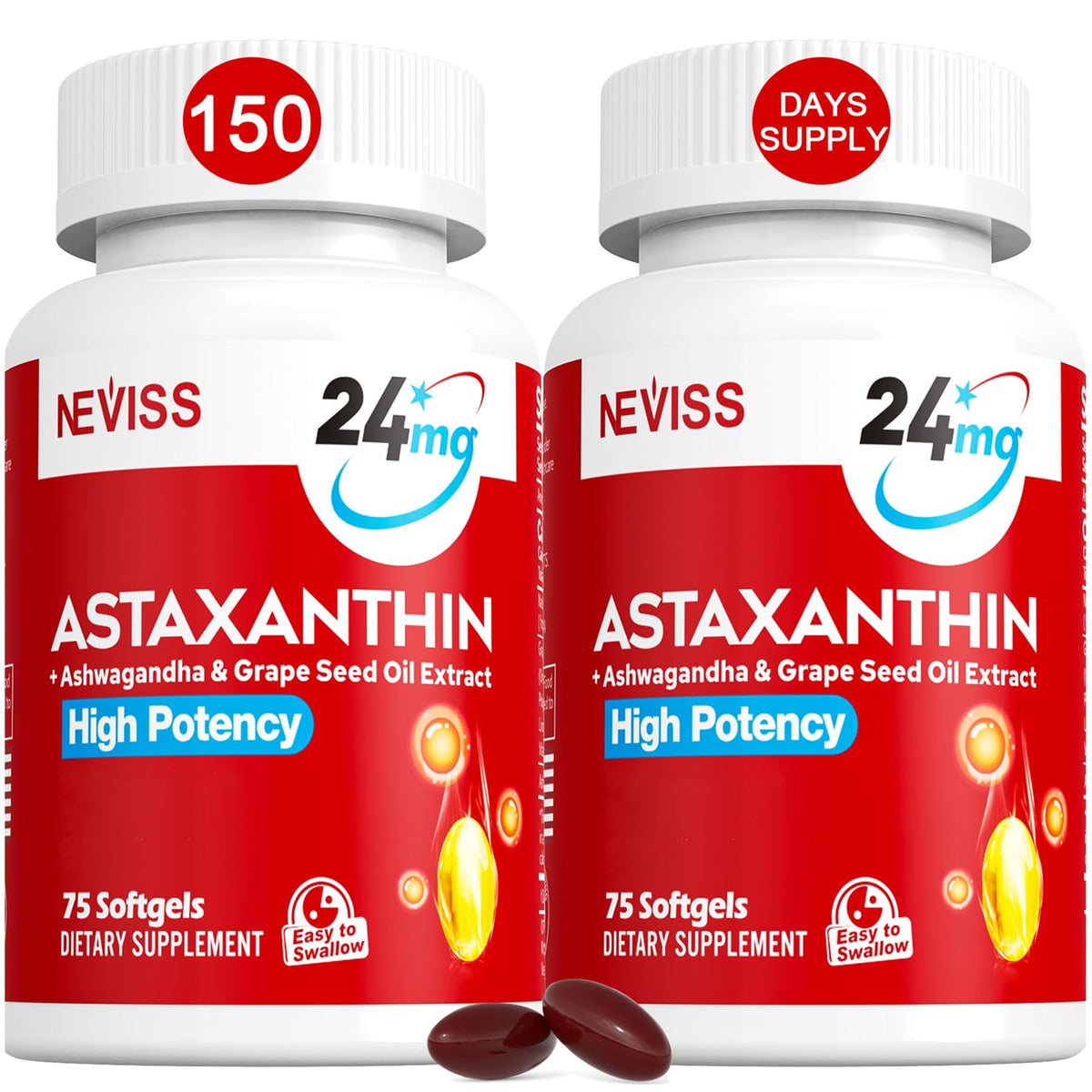 Flacon de 150 gélules d'astaxanthine NEVISS 24 mg