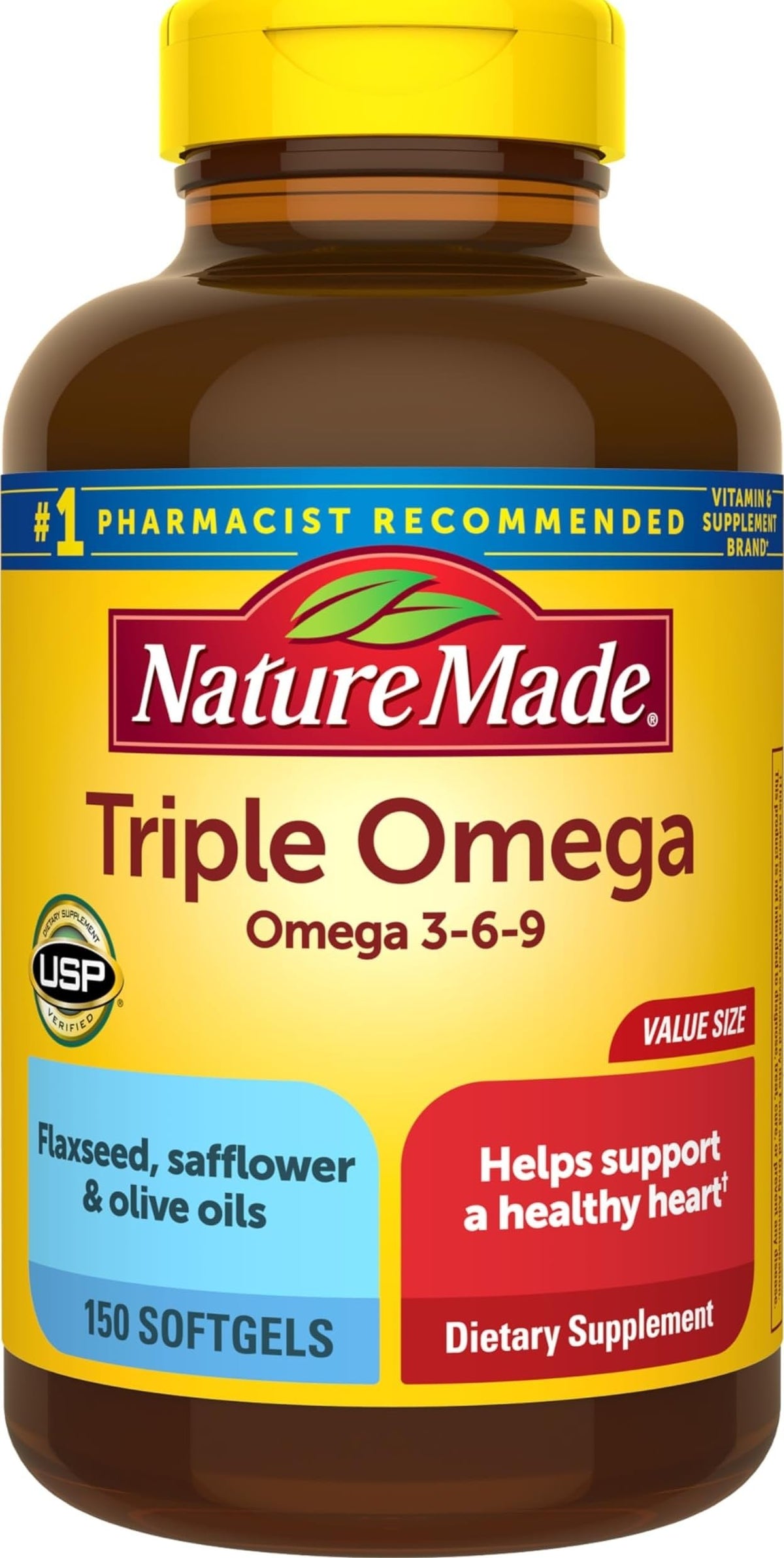 Flacon de 150 gélules Omega 3-6-9 Nature Made vue de face