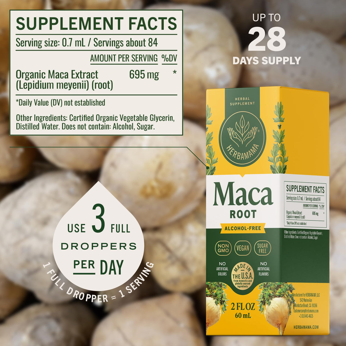 Flacon de 159g de gouttes de racine de Maca HERBAMAMA, étiquette