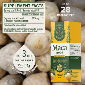 Flacon de 159g de gouttes de racine de Maca HERBAMAMA, étiquette