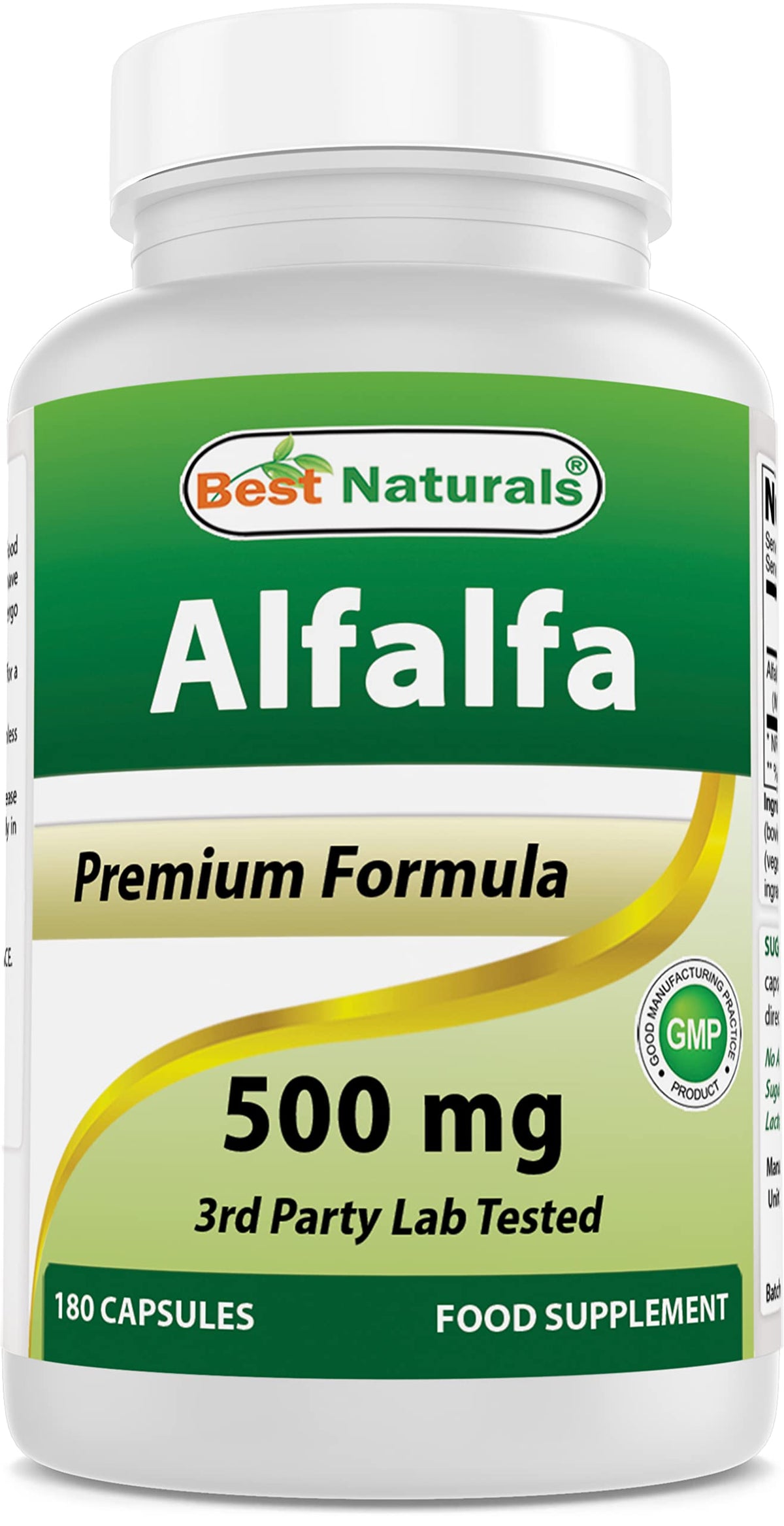 Flacon de 180 capsules de Alfalfa 500 mg Best Naturals vue de face