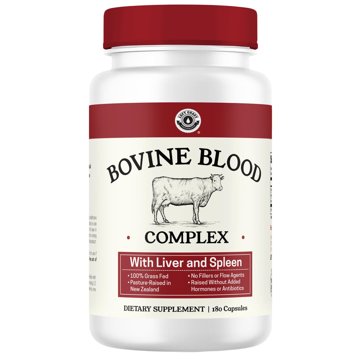 Flacon de 180 capsules de complément alimentaire Sang Bovin de Left Coast Performance
