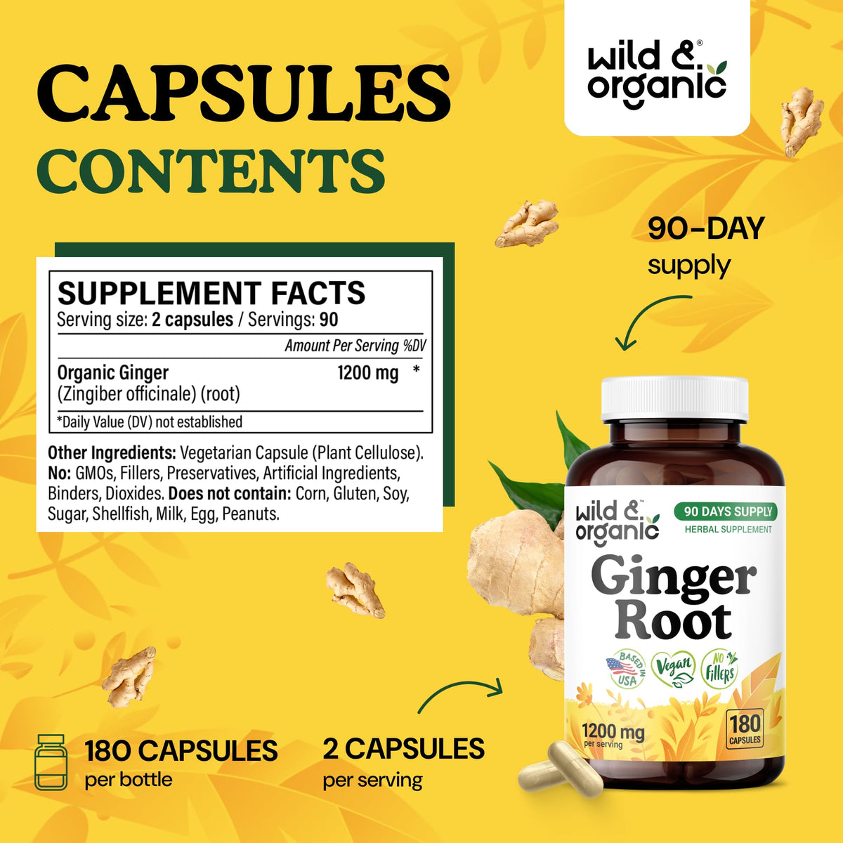 Flacon de 180 capsules de gingembre Wild & Organic sur fond blanc