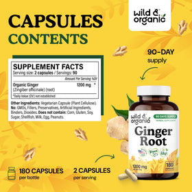 Flacon de 180 capsules de gingembre Wild & Organic sur fond blanc