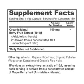Flacon de 180 capsules de Maqui Berry bio NusaPure sur fond neutre