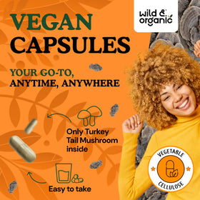 Flacon de 180 capsules de queue de dinde Wild & Organic sur fond blanc