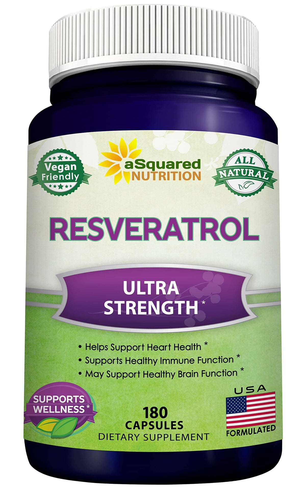 Flacon de 180 capsules de resvératrol aSquared Nutrition vue de face