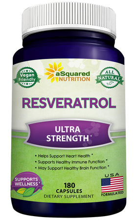 Flacon de 180 capsules de resvératrol aSquared Nutrition vue de face