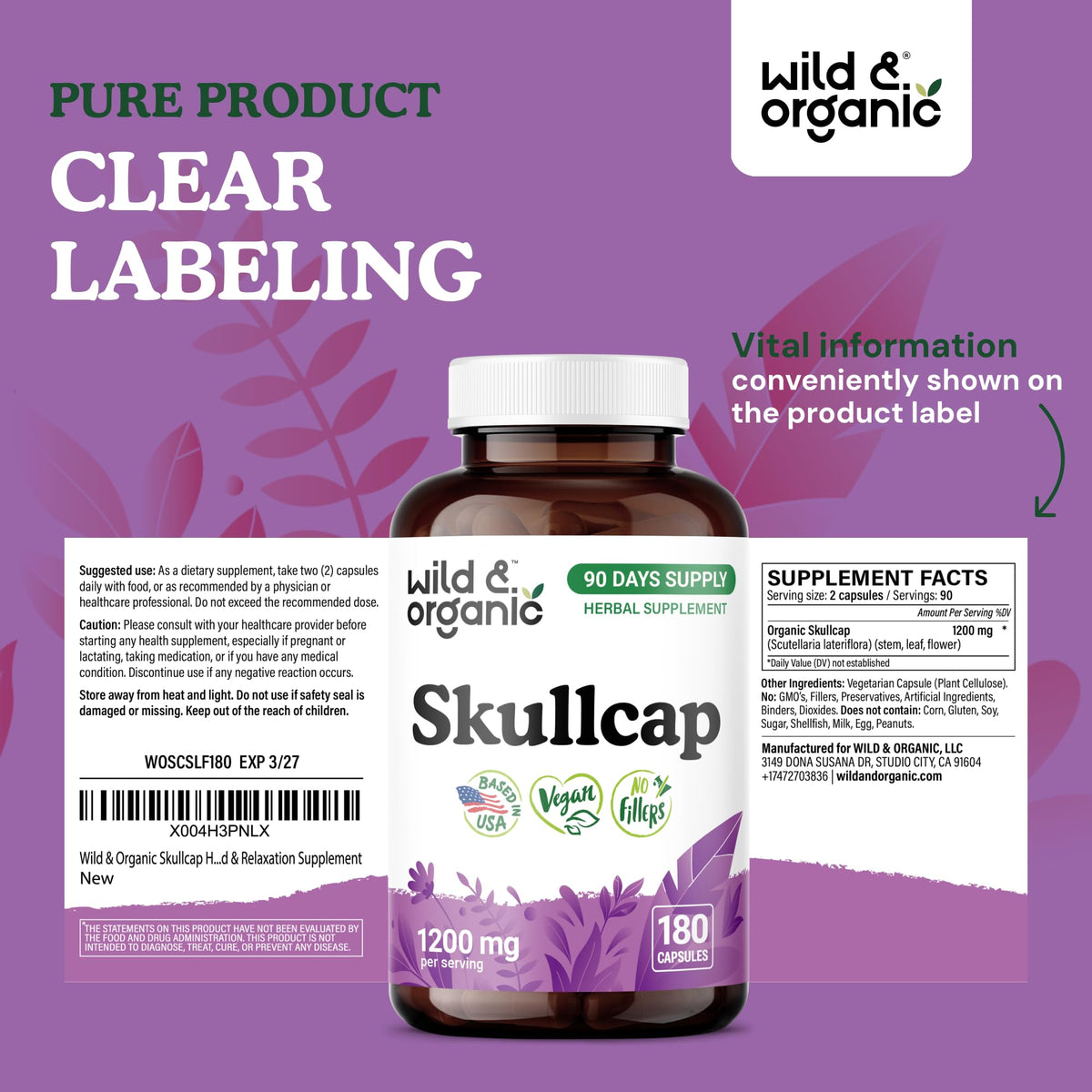 Flacon de 180 capsules de skullcap Wild & Organic sur un fond neutre