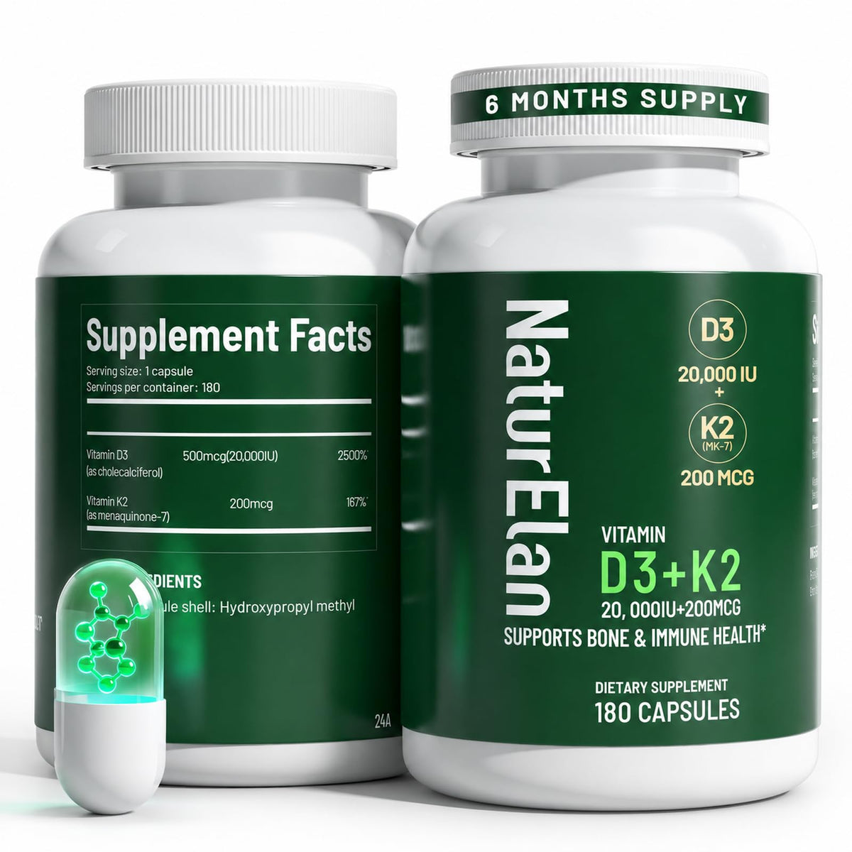 Flacon de 180 capsules de Vitamine D3 K2 NaturElan, vue avant