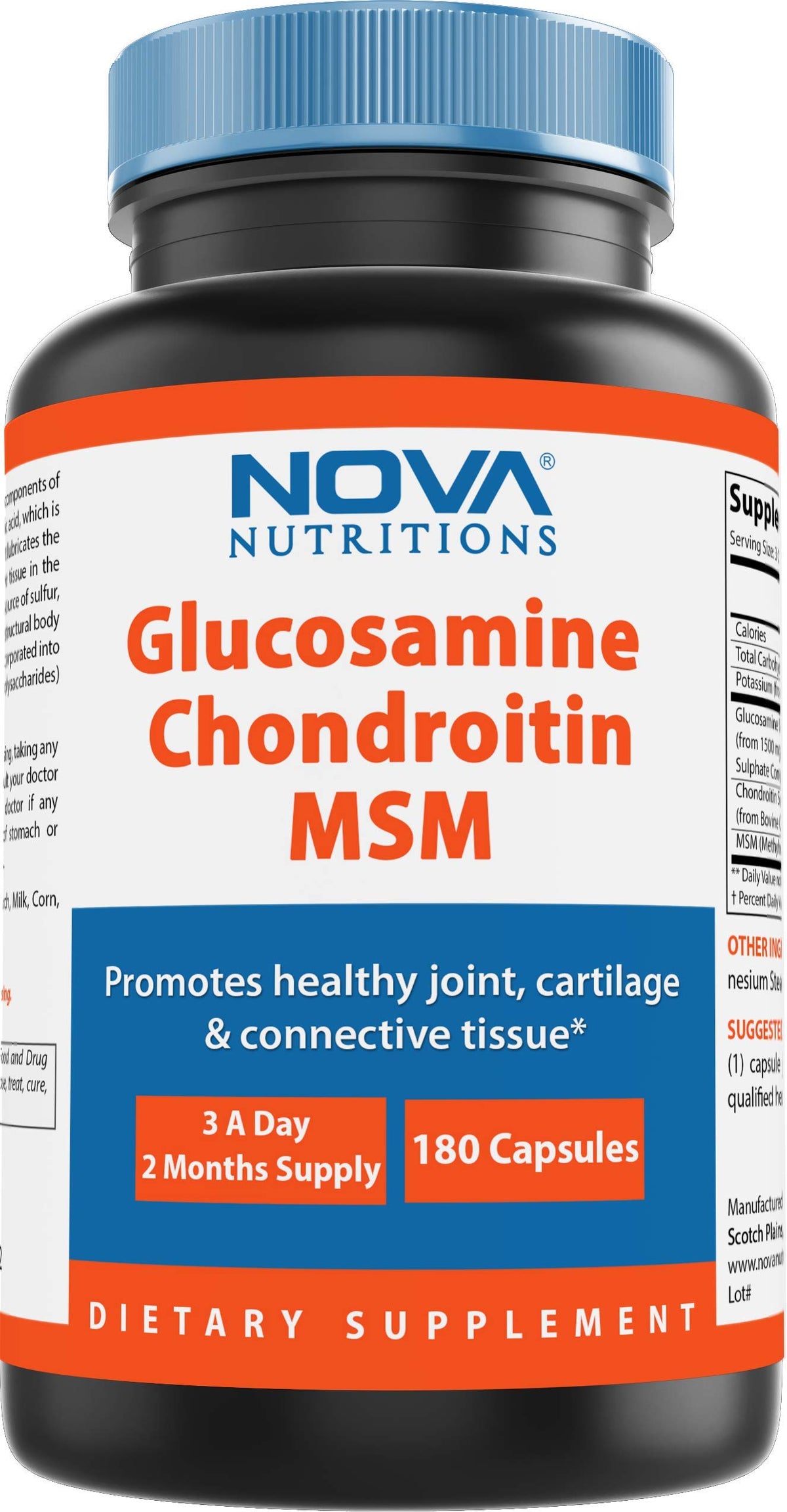 Flacon de 180 capsules Glucosamine Chondroïtine MSM Nova Nutritions vue de face