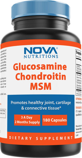 Flacon de 180 capsules Glucosamine Chondroïtine MSM Nova Nutritions vue de face