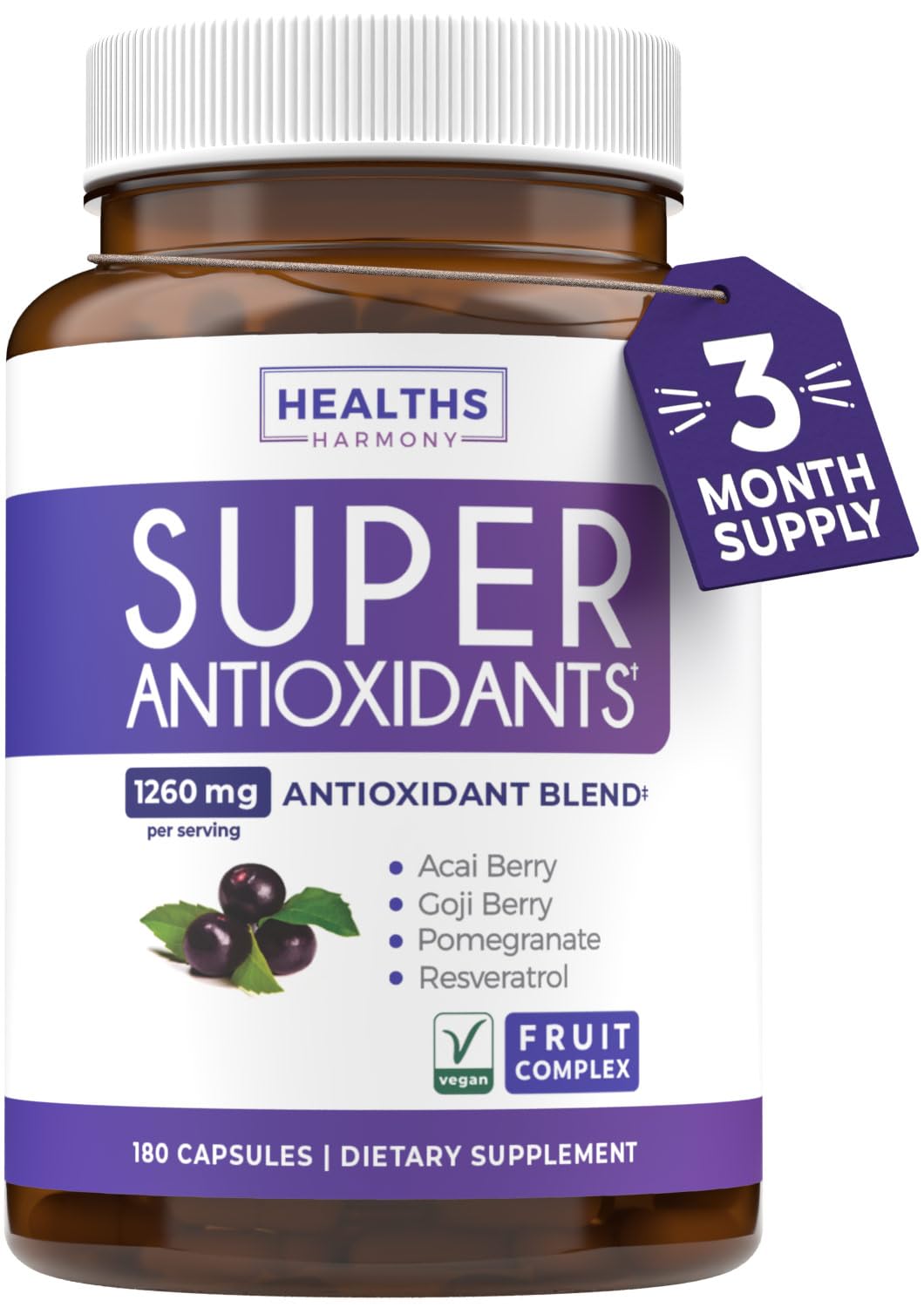 Flacon de 180 capsules Healths Harmony Antioxydants vue de face