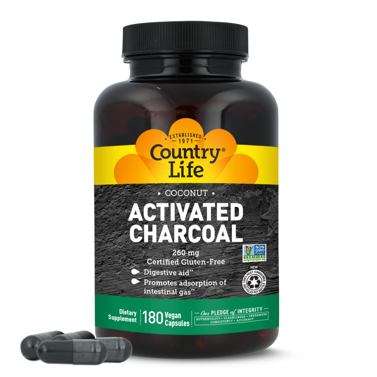 Flacon de 180 capsules végétales de charbon actif Country Life
