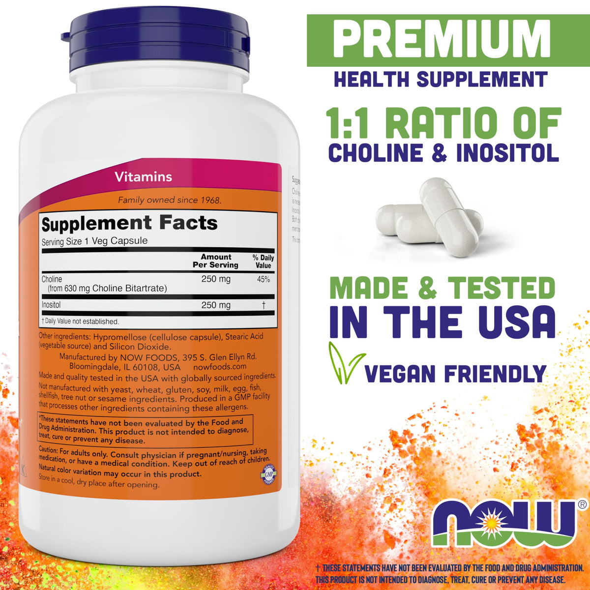 Flacon de 180 capsules végétariennes NOW Choline & Inositol