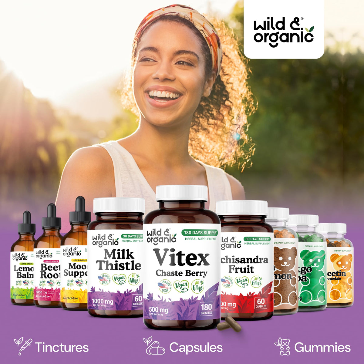 Flacon de 180 capsules Vitex Chasteberry Wild & Organic avec un design attrayant
