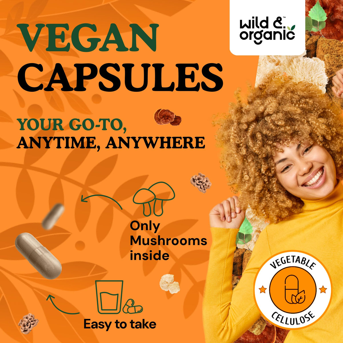 Flacon de 180 capsules Wild & Organic sur une surface en bois